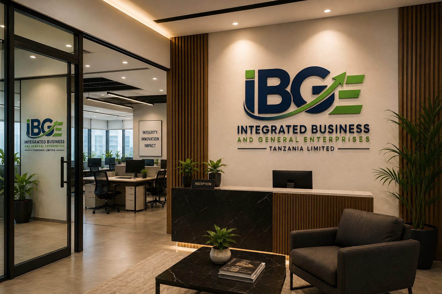 IBGE reception area with company logo, modern desks and waiting seating